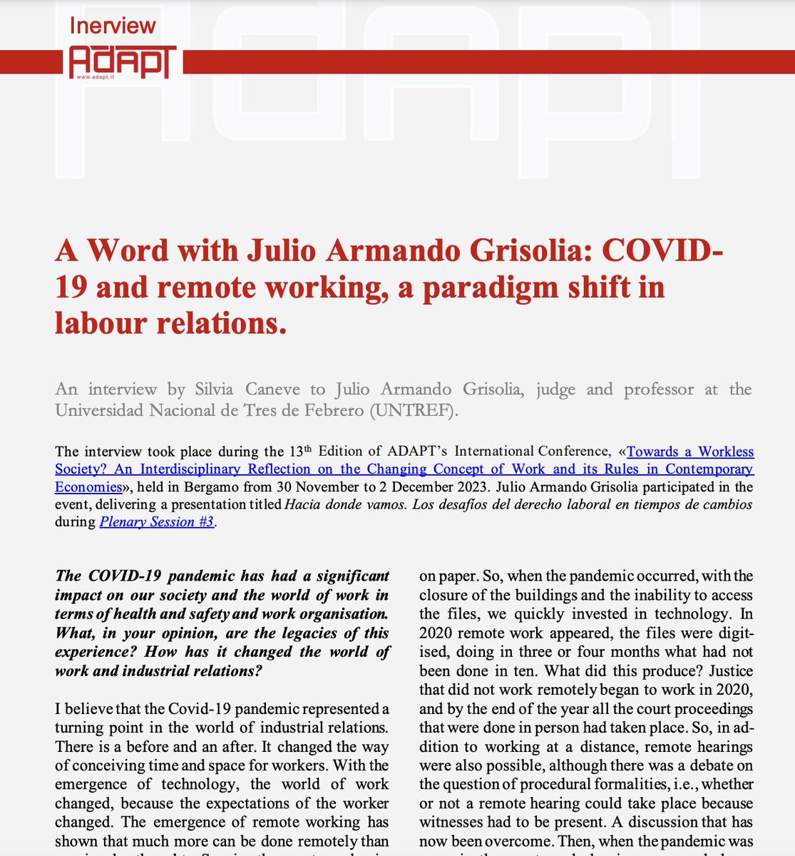 ADAPT_bulletin's tweet photo. 🎙️A Word with Julio Armando Grisolia: #COVID19 and #remoteworking, a paradigm shift in #Labour relations. - an interview by @CaneveSilvia carried out during the #ADAPTConference2023 https://t.co/Aq4cWQ8J8Q https://t.co/5WxcvVyzVC