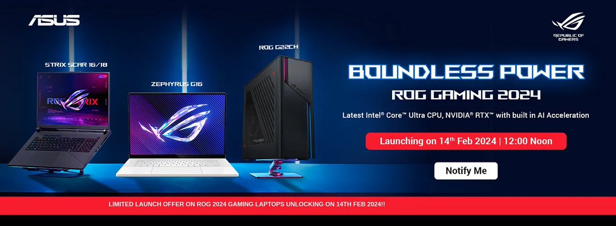 techdevote's tweet image. ASUS new products are launching in India on 14th February 2024 🇮🇳

✅ROG Zephyrus G16 2024 
✅Strix Scar 16/18
✅ROG G22CH workstation
✅ASUS S50IME desktop 

- Free TUF Gaming H3 headset with the purchase (offer available from February 14th to 20th)
#ASUS #ROGZephyrusG16