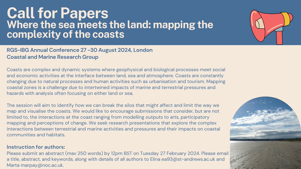 📢Call for papers📢

Working at the interface between the sea and the land? 🌊🏡

Come share your work with us at <a href="/RGS_IBG/">Royal Geographical Society (with IBG)</a> Conference in August!

🗓️📨your abstract by 12pm BST 27th Feb to Elina ea93 at st-andrews.ac.uk &amp; Marta marpay at noc.ac.uk

#coast