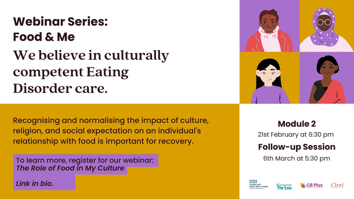 Our next #FoodAndMe webinar is fast approaching! Join us and @CBPlus_ next Wednesday where we'll be exploring the significance of food, family, and cultural identity, when living with an eating disorder. More info and sign up: cbplus.org.uk/food-and-me