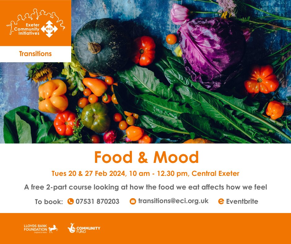 We've got a few spaces left for our free Food and Mood workshop on Tues 20 & 27 Feb, 10am – 12:30pm at Palace Gate, Exeter. We also look at the different ways you can include healthy food in your diet and how to plan healthy meals on a budget. Book at eventbrite.co.uk/e/food-mood-a-…