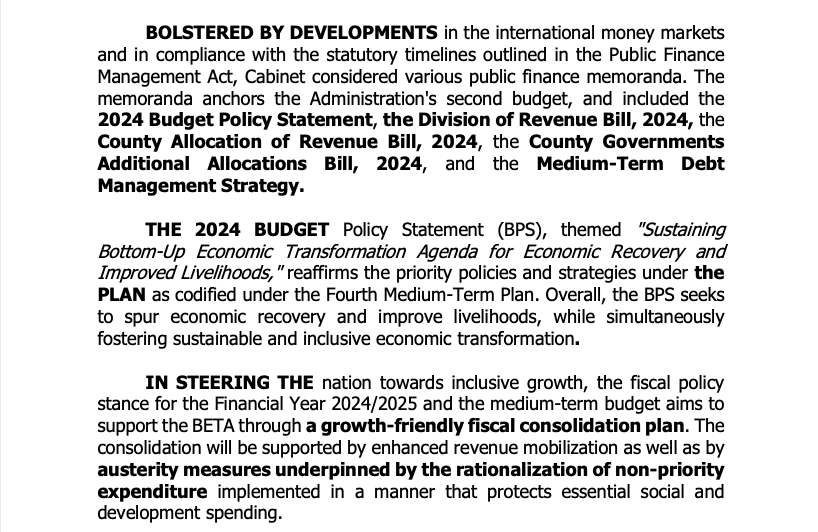 AmbokoJH's tweet photo. Kenya's Cabinet Despatch for Feb 14th, 2024 looks to piggyback on the high tide stemming from the US$1.5 billion eurobond raise & signal a path back to fiscal consolidation. 

A few highlights:

· The Cabinet indicates that Budget Policy Statement 2024 & Budget 2024/25 will be anchored on austerity measures underpinned by the rationalisation of non-priority expenditure
· The Cabinet has also considered & approved proposed amendments to the Public Finance Management Act.
