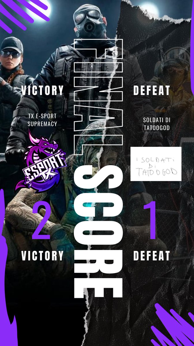 Hola todos 👋🏻,
Un BO3 très serré. 
Une victoire bien méritée. 

( 7-1 ) ; ( 5-7 ) ; ( 7-1 ) 
Goooo TXWIN

Bravo à nos joueurs mais également à l'équipe #ISOLDATIDITATOOGOD
Restez connectés 💜🔥💪🏻