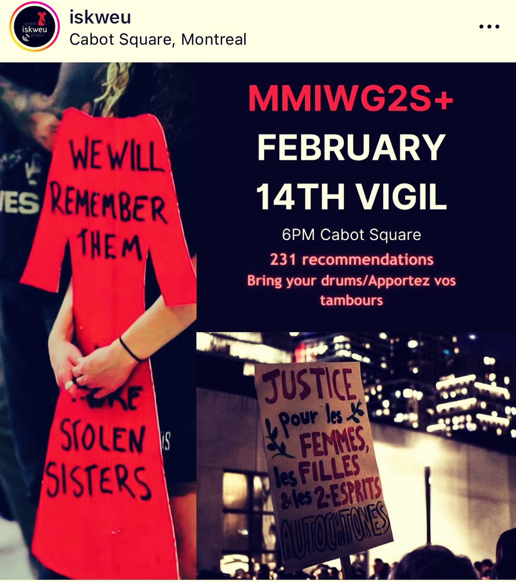 On this day of remembrance of MMIWG2S, join us at Cabot 🔲 6:00pm, hosted by The Iskweu Project and the Centre for Gender Advocacy. Speakers include Kevin Deer, Ellen Gabriel, Hilda Anderson-Pyrz, Irene Qavavauq, Sarah Carrier, Angela Ottereyes and many more❤️
