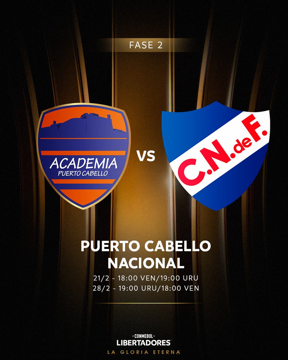 🇻🇪⚽🇺🇾 Cruce definido en la Fase 2: Academia Puerto Cabello jugará ante Nacional.

🏆 CONMEBOL #Libertadores

#GloriaEterna