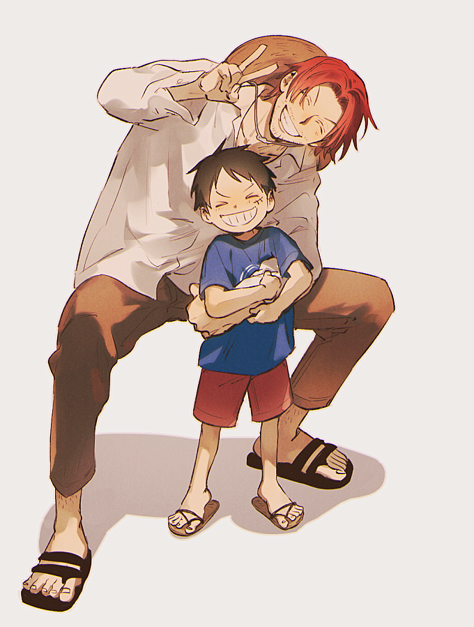 monkey d. luffy multiple boys 2boys smile closed eyes red hair male focus grin  illustration images