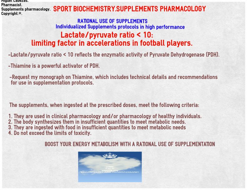 Lactate/pyruvate ratio < 10: limiting factor in accelerations in football players. #energy #metabolism #biomarkers #supplements #football #tennis