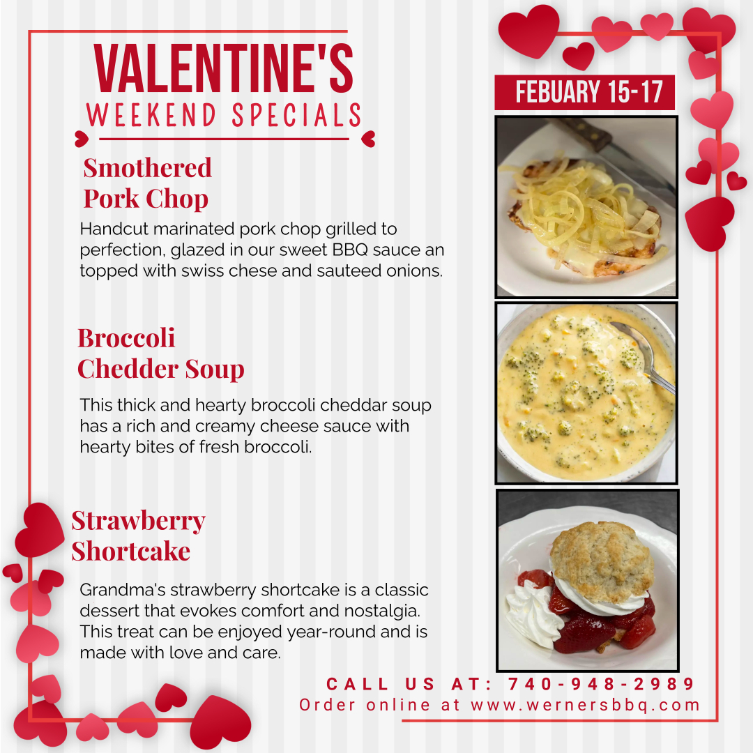 We have some great specials for you this week! Creamy broccoli cheddar soup, homemade strawberry shortcake and one of our classics- our smothered porkchop. 
Don't forget our February drink specials! 
Raspberry mule 
Raspberry Long Island
Peach Highball