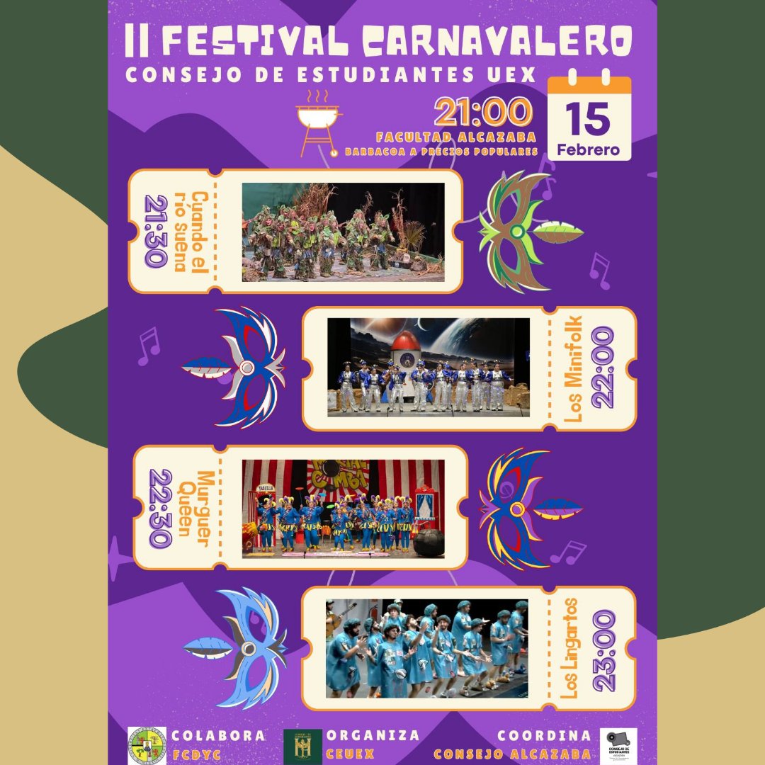 El Carnaval de Badajoz es 🏆 Fiesta de Interés Turístico Internacional 🏆 y desde el CEUEx lo traemos a la Universidad. Por ello, y en coordinación con el Consejo Alcazaba, os traemos el🎭 II Festival Carnavalero del CEUEx 🎭.