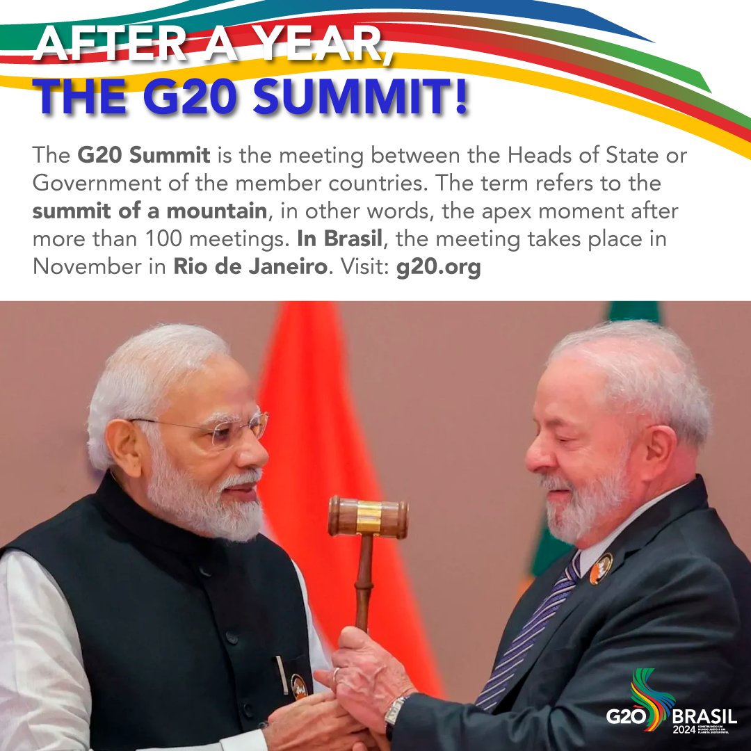 This year, the G20 Summit will take place in Rio de Janeiro on November 18 and 19! The Summit is the moment when world leaders meet to seek agreements and define concrete strategies for global challenges. Follow the G20 discussions that will shape the future here! #G20Brasil