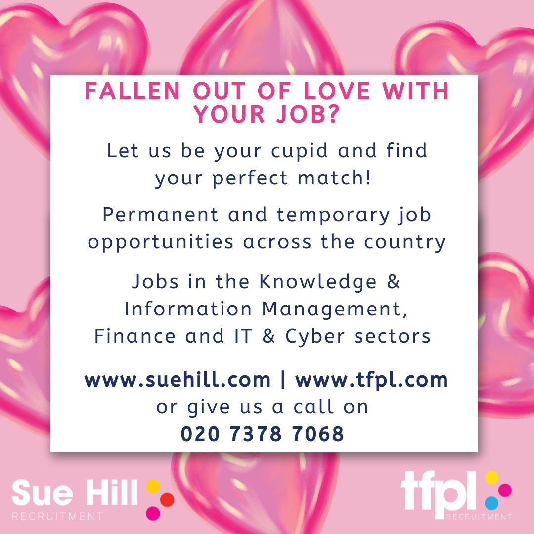 SueHillRec's tweet photo. Fallen out of love with your job? Let us be your cupid! 💘
#ValentinesDay #KnowledgeandInformationManagement #IT #cybersecurity #Finance https://t.co/1Dsfw1ElfT
