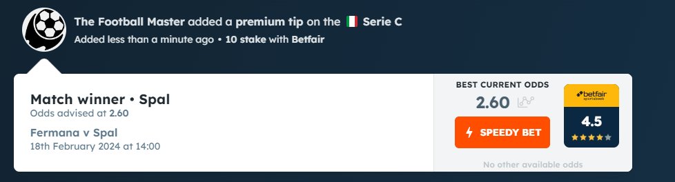 T_Foot_Master's tweet image. "Wednesday's Bet of The Day "    
 18 February / Italia Serie C
 Fermana vs Spal  
Spal to win @ 2.60 @Betfair 

#FreePick #BOTD like retweet