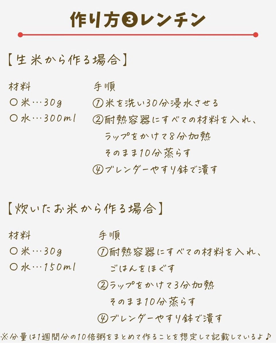 離乳食のお粥、柔らかさとか量とか本当にややこしい！！  

それぞれの分量と出来上がり量の早見表、めちゃくちゃ助かる！レンチンでも簡単にできるみたいだから、冷凍保存しておこう📝