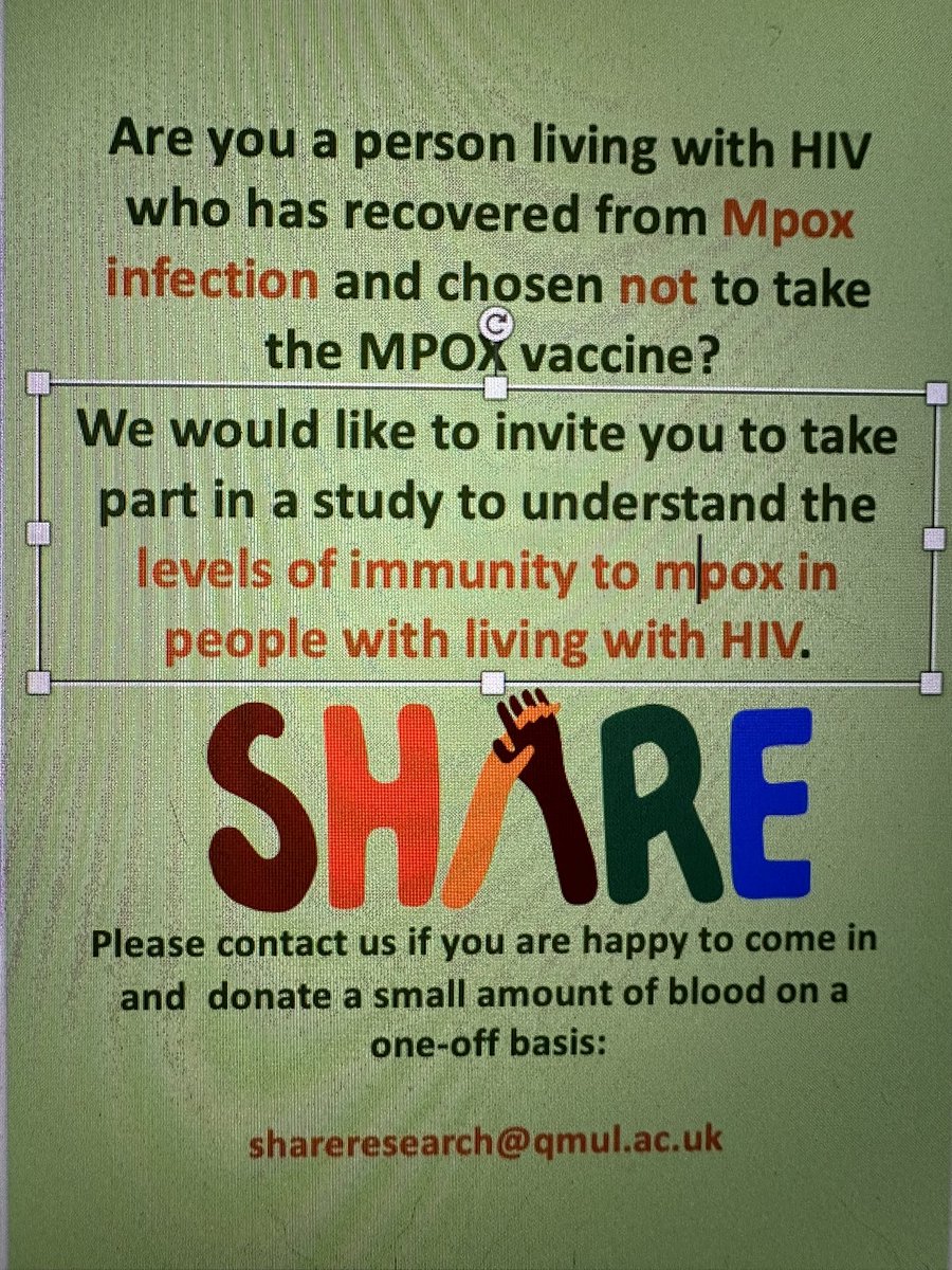 We (@ShareEastLondon) are working on a new study in the UK to understand how immunity to mpox works in people living with HIV who had #mpox infection but did NOT take the mpox vaccine. Click through the images to learn more . Pls RT or share with people who might be interested!