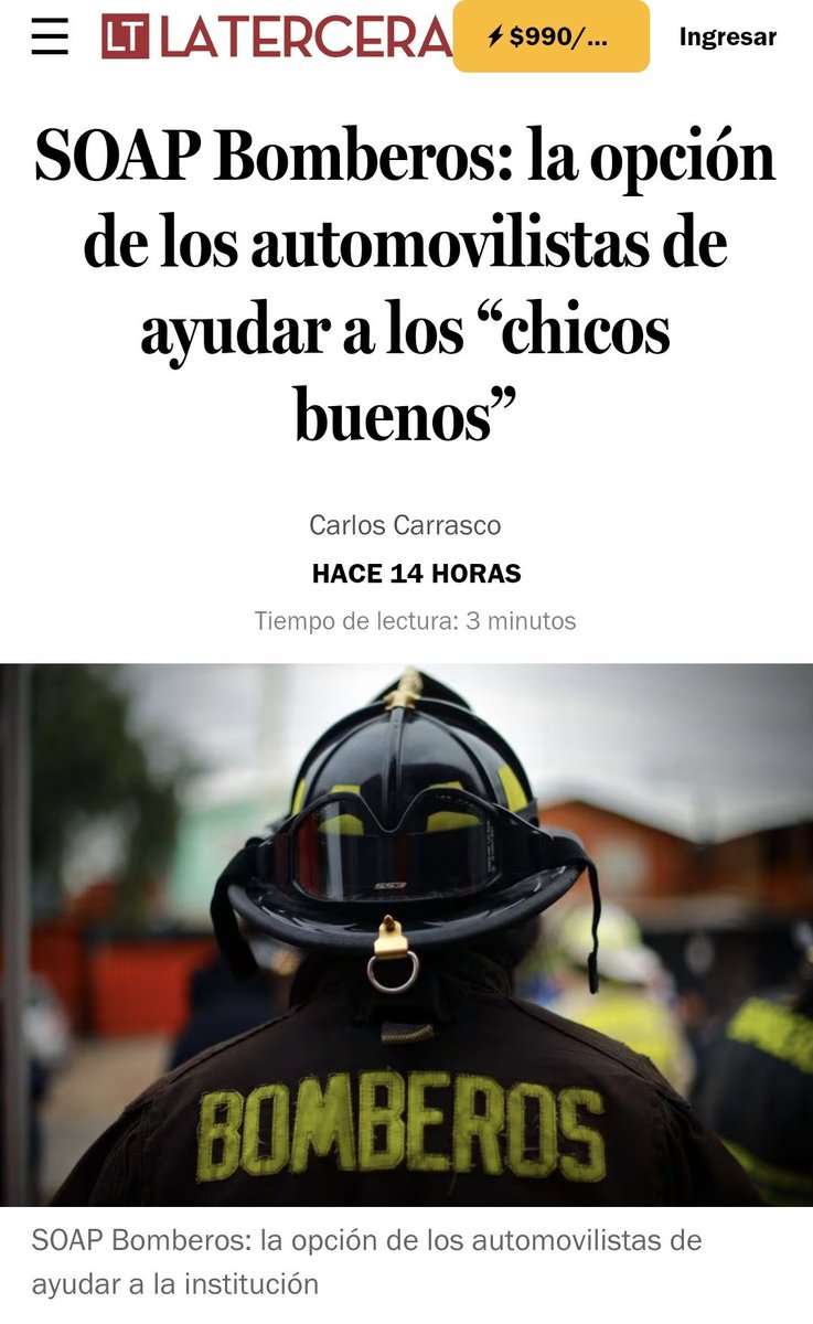 BomberosdeChile's tweet photo. 𝗣𝗥𝗘𝗡𝗦𝗔 | SOAP Bomberos: la opción de los automovilistas de ayudar a los “chicos buenos”.

Detalles https://t.co/yjSK2NojT0 https://t.co/w4KMf2Araq