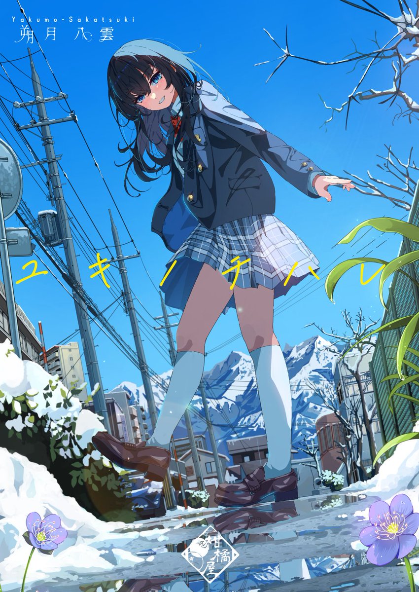 1girl skirt solo outdoors blue eyes socks black hair  illustration images
