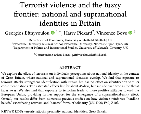 Harry Pickard (@harrypickard) on Twitter photo 🚨 Did you know that terrorist attacks in Great Britain are reshaping our national identities?
Very, very happy that our paper is available online at the Journal of Law, Economics and, Organization <a href="/g_efthyvoulou/">Georgios Efthyvoulou</a> <a href="/_vincenzobove/">Vincenzo Bove</a>
📰 bit.ly/3HXfO1M
🧵 👇 🚨 Did you know that terrorist attacks in Great Britain are reshaping our national identities?
Very, very happy that our paper is available online at the Journal of Law, Economics and, Organization <a href="/g_efthyvoulou/">Georgios Efthyvoulou</a> <a href="/_vincenzobove/">Vincenzo Bove</a>
📰 bit.ly/3HXfO1M
🧵 👇