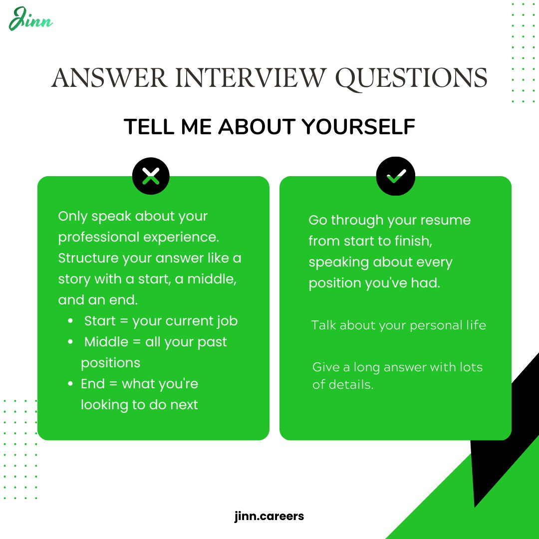 Jinn_online's tweet photo. When answering the “Tell me about yourself” question in an interview, focus on a concise overview of your professional background, skills, and achievements.

#jinncareers #interview #interviewtips #jobinterview #job #jobvacancies #careertest #careertesting #careerchanger https://t.co/vEEpube2s5