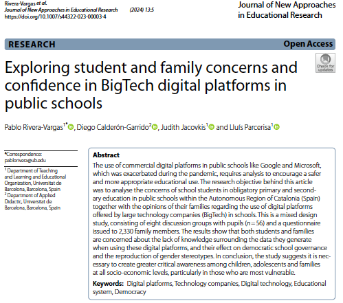 ☝NEW PAPER OUT! 📄Exploring #student and #family #concerns and confidence in #BigTech #digital #platforms in #public #schools link.springer.com/article/10.100… By @pabloriverabcn, @_Diego_Calderon, @judejaco CC @UniBarcelona @SpringerNature @SpringerEdu