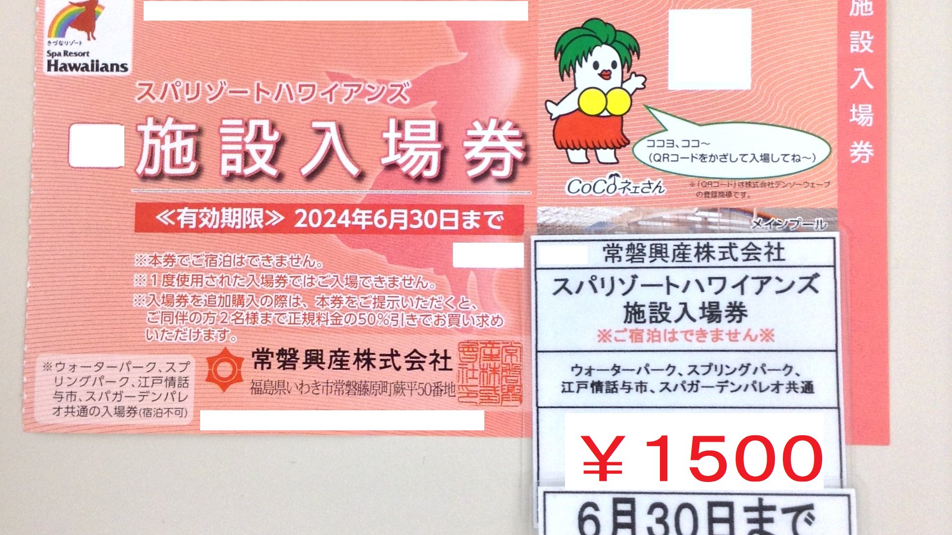 ６月【２枚】常磐興産株主優待券スパリゾートハワイアンズ入場券２枚の１セットp スパリゾートハワイアンズ 常磐興産株式会社 株主優待 施設入場券6枚 他