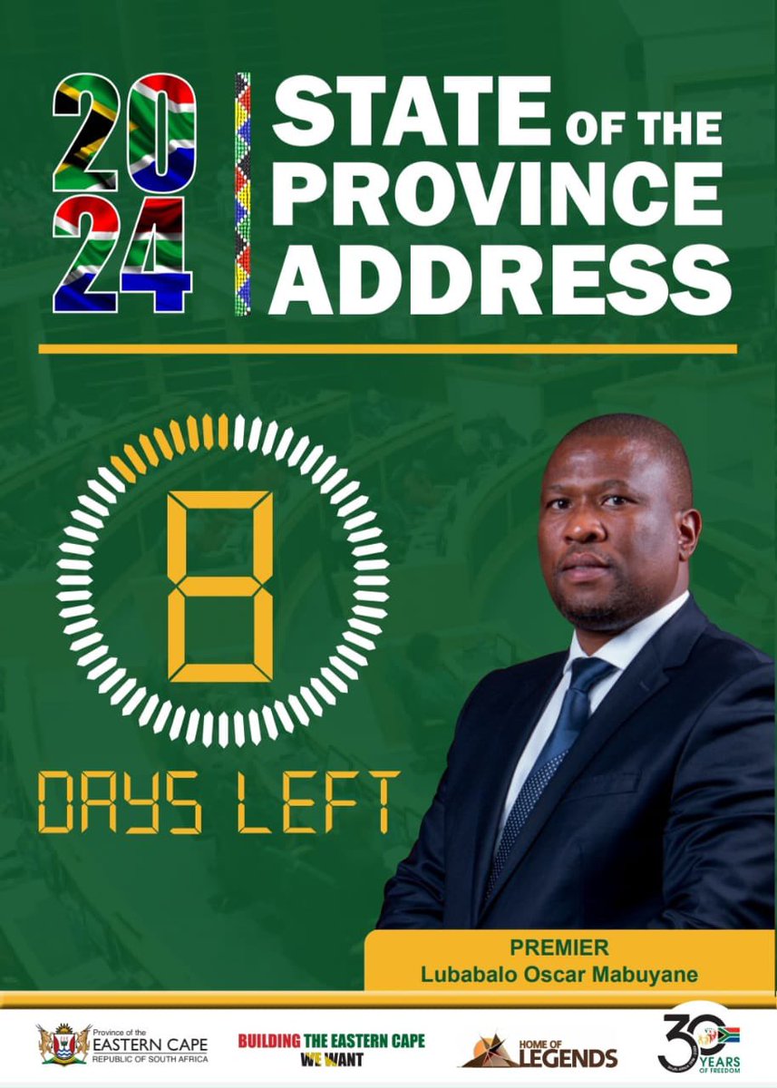 GCIS_ECape's tweet photo. 8 Days left before the State of the Province Address, please tell us your expectations and what you would like the Premier to talk about. Remember public participation is key and that your views are welcome.

#ECSOPA2024
#LeaveNoOneBehind
#30YearsOfDemocracy https://t.co/qoxLJy7Yp6