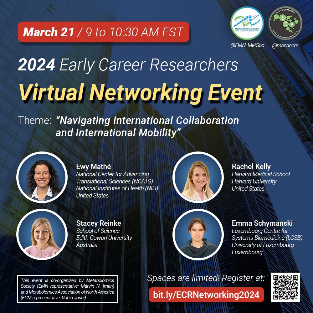 📌Calling all Early Career Researchers!  Join us at #ECR Networking Event 2024, co-organized by @MetabolomicsSoc & @MetabolomicsANA, to connect with global experts. Register now for this invaluable opportunity on March 21, 9-10:30 AM EST.  📣 Spaces are limited, so act fast!