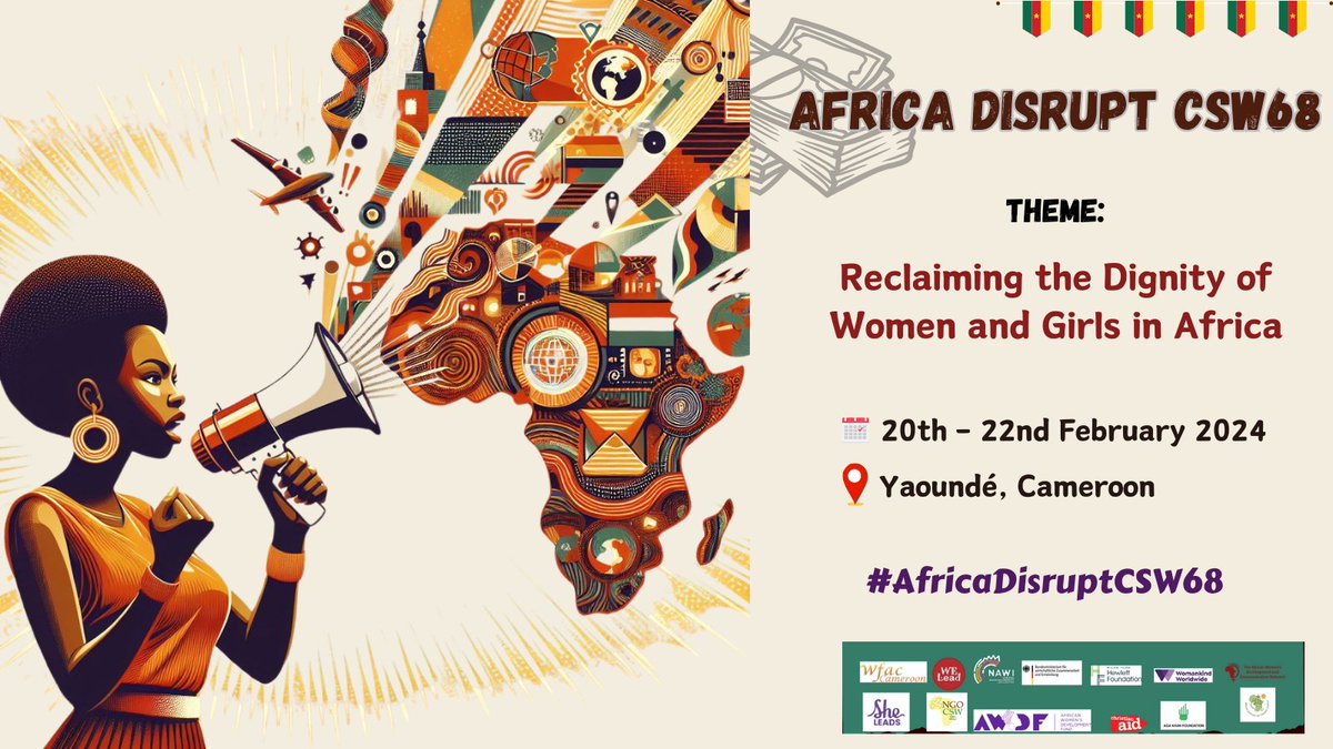 📢 Mark your calendars! 🗓️
We are days away from the 3RD SESSION of #AfricaDisrupt, which will be hosted in Yaoundé, Cameroon 🇨🇲 
We are Reclaiming the Dignity of Women and Girls in Africa ✊🏾
Join us online by registering here ➡️bit.ly/48mFG1P

#AfricaDisruptCSW68 #CSW68