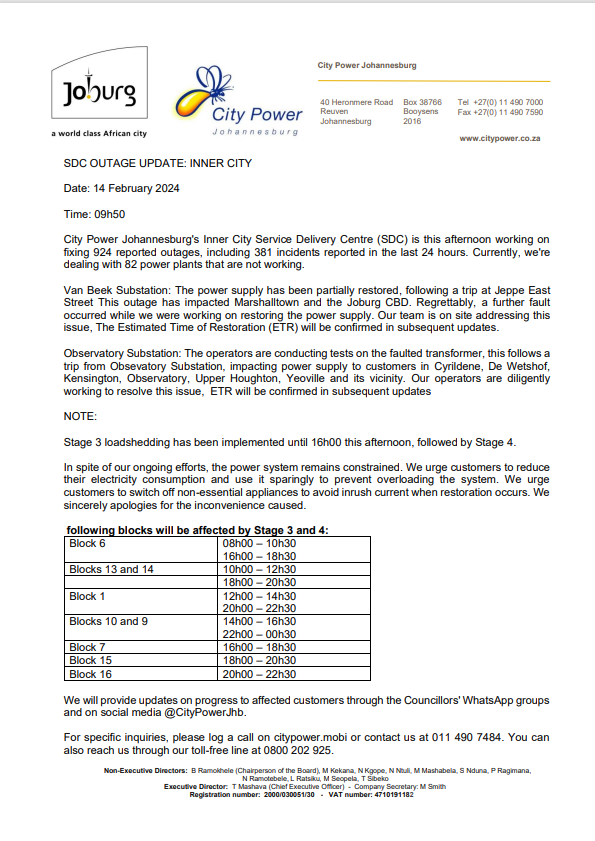 CityPowerJhb's tweet photo. #CityPowerUpdates #InnerCitySDC
Kindly find our team's opening statement. Includes #VanBeekSubstation #ObservatorySubstation updates. ^IM https://t.co/emK9Oq3IYu