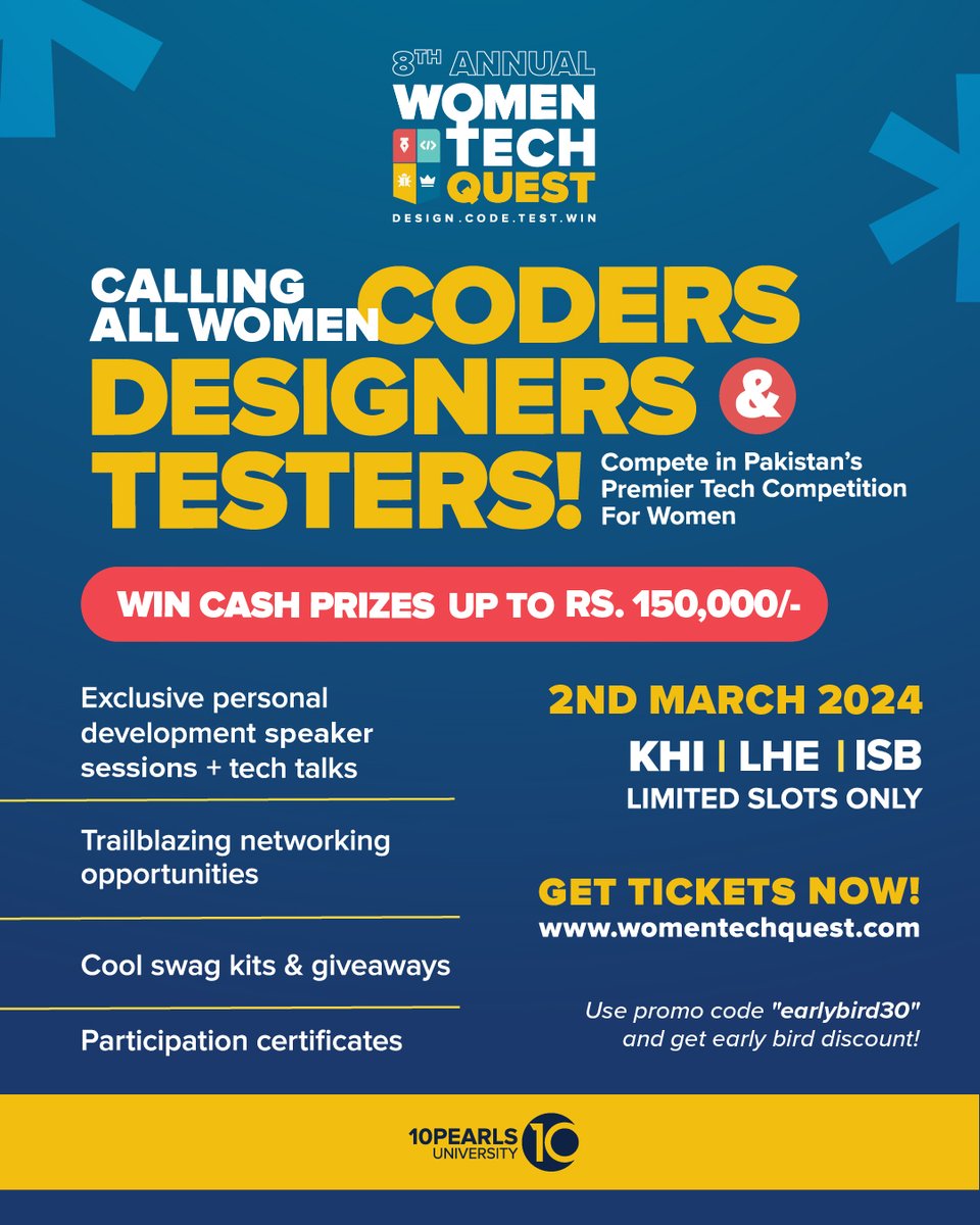 Ladies! If you are a coder, designer or tester looking to make your mark in the tech world, this is your chance! Compete in Women Tech Quest 2024 & WIN CASH PRIZES UP TO Rs. 150,000! 💰 🎟️ GET 30% OFF ON TICKETS: bit.ly/3SXJZfK (Promocode 'earlybird30') #WTQ2024