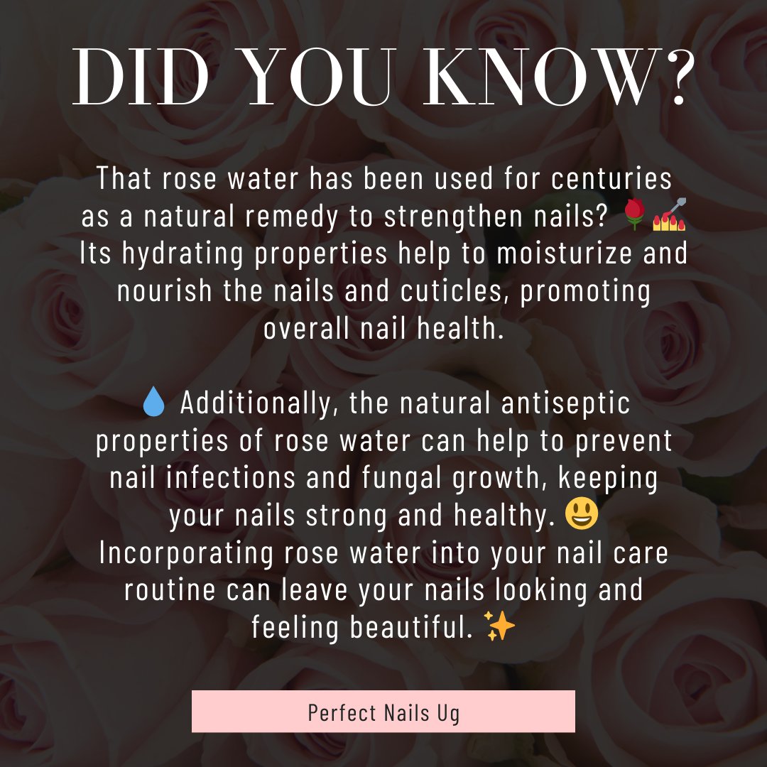 PerfectNailsUg's tweet photo. Don't toss those Valentine's roses!
DIY Rose Water for Stronger Nails! Simmer fresh rose petals in distilled water, strain, and voila! Use a cotton ball to apply the rose water to your nails and cuticles daily for Stronger nails #perfectnailsug #valentinesday #Uganda #kampala https://t.co/cMW4Dmrxzc