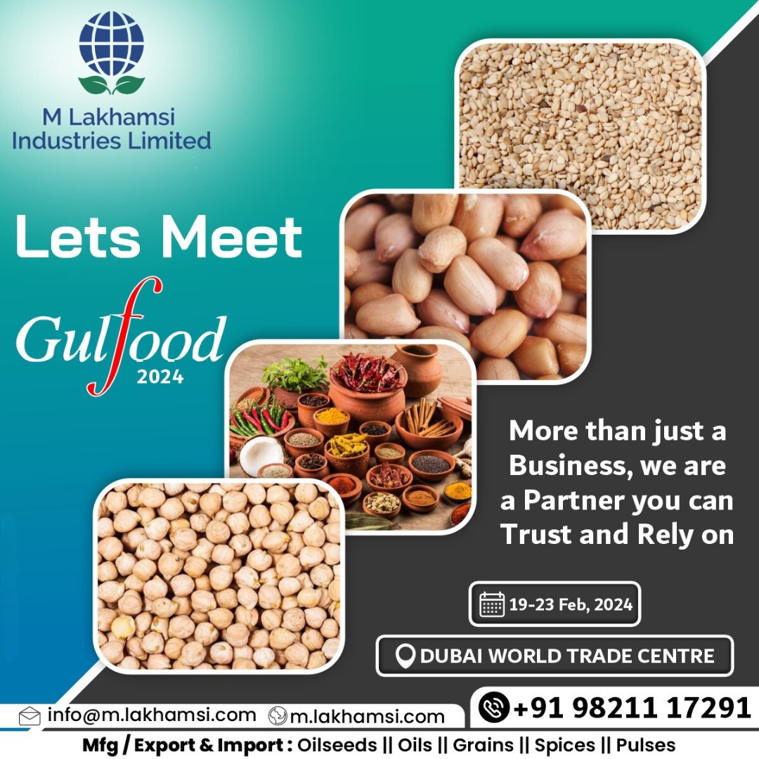 MLakhamsi's tweet photo. Let's meet and explore at #Gulfood2024, from 19th to 23rd Feb, 2024, at the #DubaiWorldTradeCentre, 
Where #opportunities flourish and #partnerships thrive! 🌟 
#OilSeeds #Peanut #GroundNuts #Sesame #SesameSeeds #Trade #Raisins #ChickPeas #Soyabeans #Cumin #Spices #Export #Import https://t.co/1w1mhl3urM