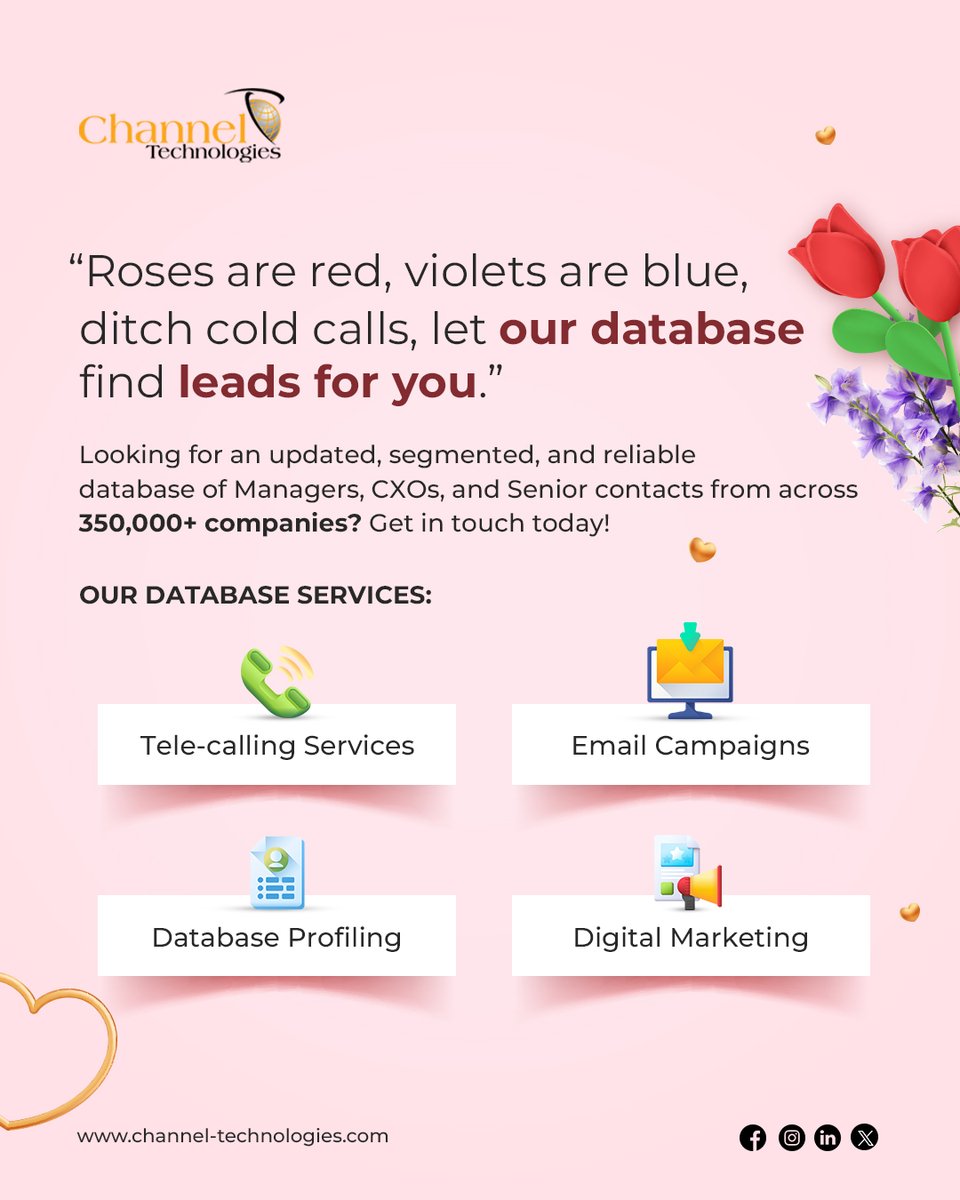 Roses are red, violets are blue, ditch cold calls, let our database find leads for you!
Looking for an updated, segmented, and reliable database from across 350,000+ companies?
Get in touch with us!
#leadgeneration #databasemarketing #b2bmarketing #leads #sales #valentineday