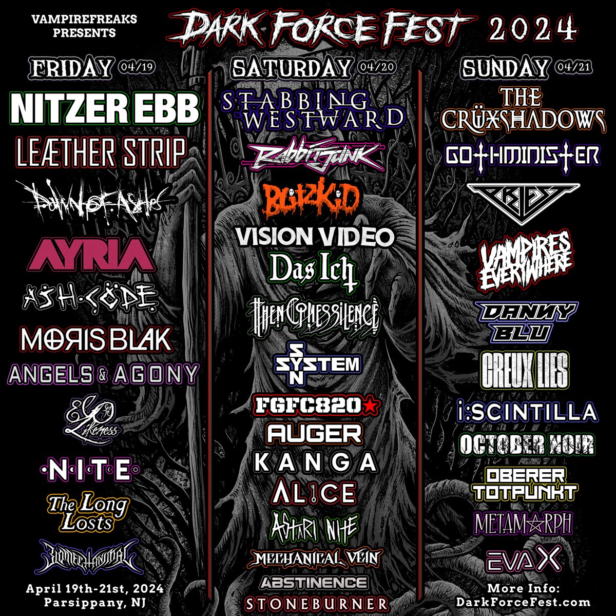 <i> THE DAY SPLITS FOR DARK FORCE FEST 2024 (USA) ARE NOW OUT! <i>
We are very pleased that #AUGER get to play on the Saturday, alongside the inspirational #STABBINGWESTWARD & the always amazing #RABBITJUNK & a host of other cool acts. @darkforcefest @VampireFreaks #darkforcefest