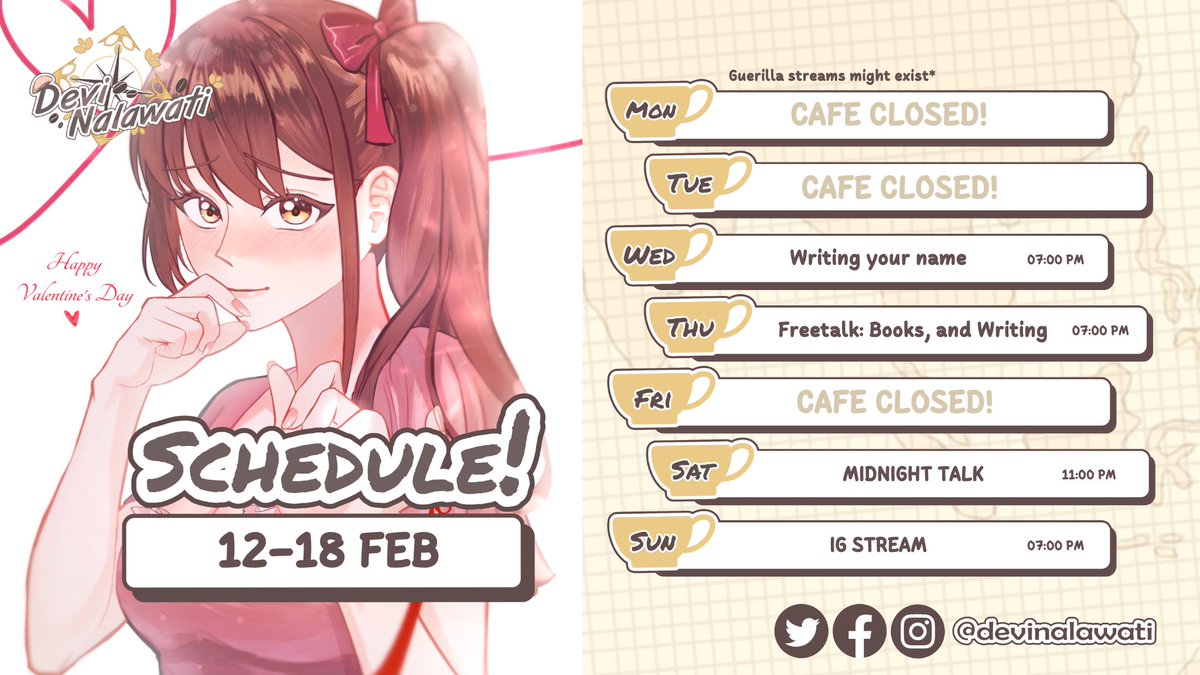 DeviNalawati's tweet photo. 【WEEKLY SCHEDULE】
PESAN AND IDE KONTEN KESINI:
https://t.co/cnK7zvlRCp
☕️Hashtag!☕️
General • #Devinalawati
Live • #ViAir
Clips • #DevKlip
Fanart • #DeviArt
Memes • #WWWati
Fanname • #DeLatte https://t.co/jo0fy5uIYv