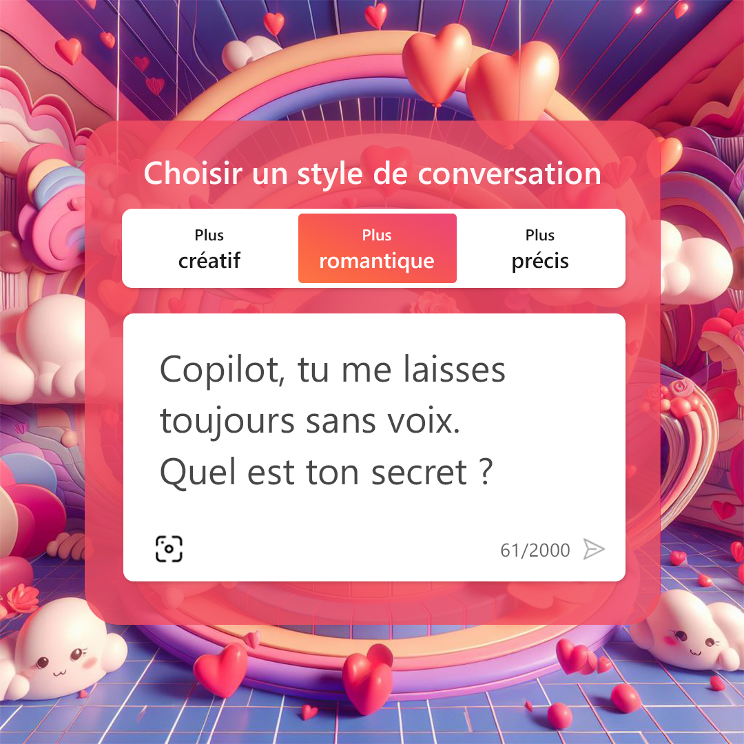 En manque d’inspiration pour cette Saint-Valentin ? Copilot vient à votre rescousse pour éblouir votre chéri(e) — love is in the AI! 💕
msft.it/6014cDGWK

#ValentinesDay #microsoftcopilot