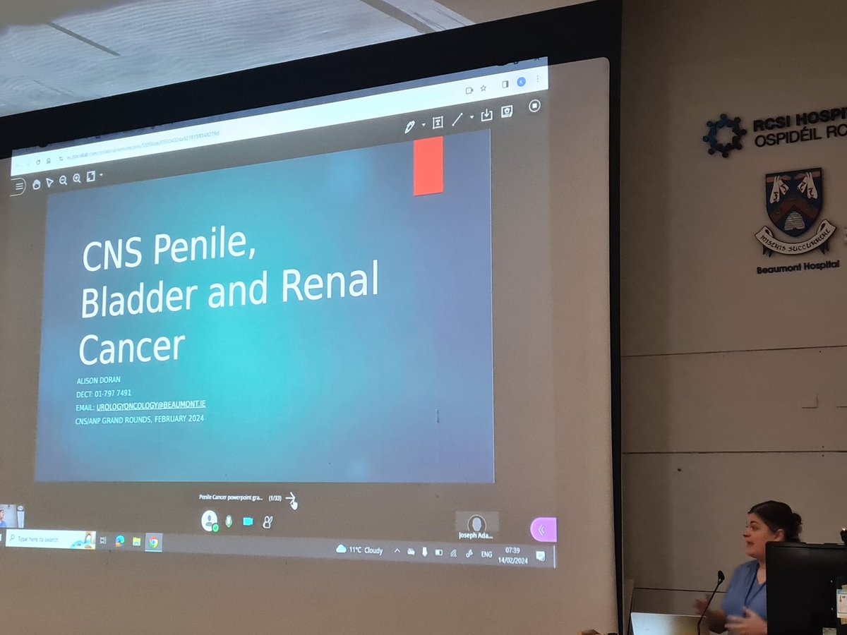 stmgarvey's tweet photo. Alison Doran,CNS Penile, bladder&amp;renal cancer presenting at ANP/CNS Grand Rounds on signs/symptoms,treatment option &amp; interesting case studies on penile cancer @Beaumont_Dublin @saratwhite @imcandrol @dmkernanwardell @KarenNicG @CancerCentreIre @petrinadonnelly @colbertdonaghey https://t.co/75r0x5Onn4