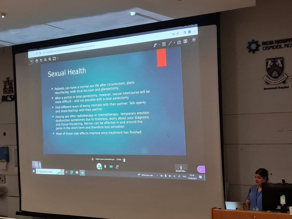 stmgarvey's tweet photo. Alison Doran,CNS Penile, bladder&amp;renal cancer presenting at ANP/CNS Grand Rounds on signs/symptoms,treatment option &amp; interesting case studies on penile cancer @Beaumont_Dublin @saratwhite @imcandrol @dmkernanwardell @KarenNicG @CancerCentreIre @petrinadonnelly @colbertdonaghey https://t.co/75r0x5Onn4