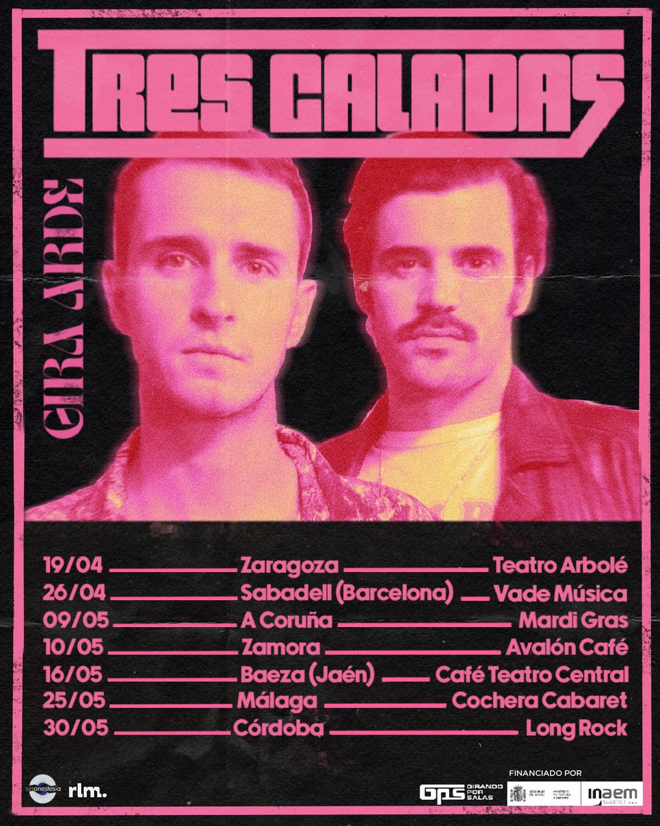 Girando Por Salas (@girandoporsalas) on Twitter photo Buenos días. Tres Caladas anuncian su gira de conciertos con ayudas #GPS14 en <a href="/teatroarbole/">Teatro Arbolé | 📍 Zaragoza</a> de Zaragoza, Vade Música de Sabadell, <a href="/SalaMardiGras/">Sala MardiGrasCoruña</a> de A Coruña, Ávalon de Zamora, <a href="/teatrocentral/">cafeteatrocentral</a> de Baeza (Jaén), <a href="/lacocheracabare/">La Cochera Cabaret</a> de Málaga y <a href="/LongRockCordoba/">Long Rock Córdoba</a>
#NosVemosEnLasSalas Buenos días. Tres Caladas anuncian su gira de conciertos con ayudas #GPS14 en <a href="/teatroarbole/">Teatro Arbolé | 📍 Zaragoza</a> de Zaragoza, Vade Música de Sabadell, <a href="/SalaMardiGras/">Sala MardiGrasCoruña</a> de A Coruña, Ávalon de Zamora, <a href="/teatrocentral/">cafeteatrocentral</a> de Baeza (Jaén), <a href="/lacocheracabare/">La Cochera Cabaret</a> de Málaga y <a href="/LongRockCordoba/">Long Rock Córdoba</a>
#NosVemosEnLasSalas