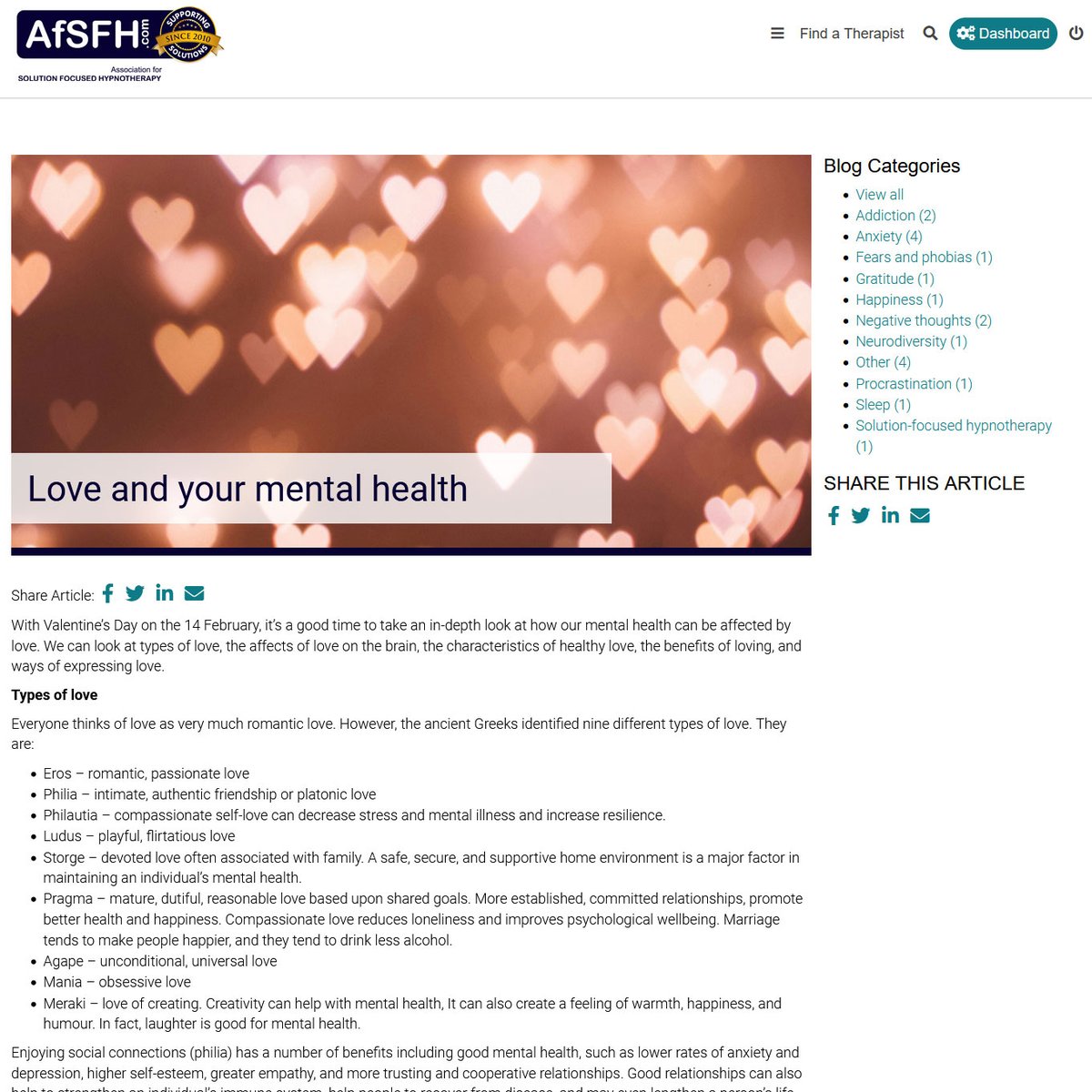 AfSFH's tweet photo. The latest article has just been published on the AfSFH website. As it's Valentine's Day, the article looks at love and your mental health. You can read it at: https://t.co/8eWUjqDPFx https://t.co/cnZfwFYh3I