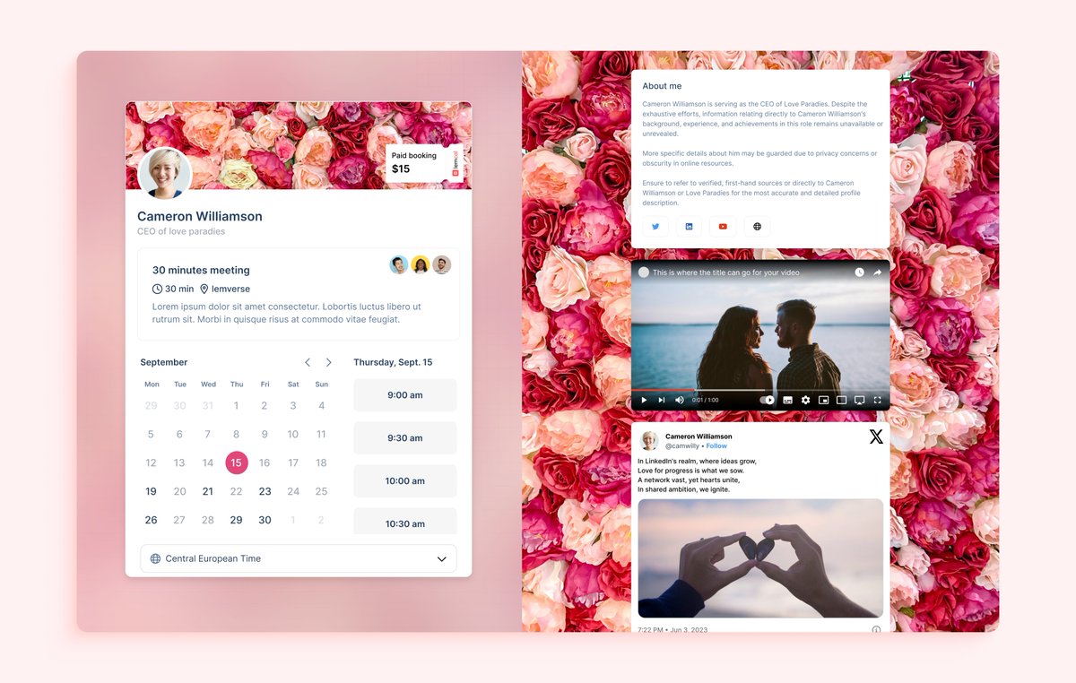 Imagine a booking page that perfectly reflects your love for organization and detail.

lemcal crafts unique experiences for your clients, as special as your love story.

Let's celebrate Love in the Digital Age with lemcal

Happy Valentine's Day! ❤🥰