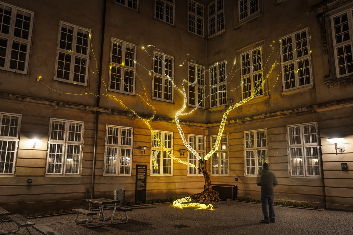 CPH_Light_Fest's tweet photo. DAGENS LYS ved Nationalmuseet 🔆
I de mørke timer kaster Yggdrasil lys over menneskers ting og fortællinger. Lysværket er skabt i et samarbejde mellem den svenske skulptør Anders Jansson og Nationalmuseets lysdesigner Imre Mark Petkov. 
Tak til Lemvigh-Müller Fonden. https://t.co/MuEpdKPw5u