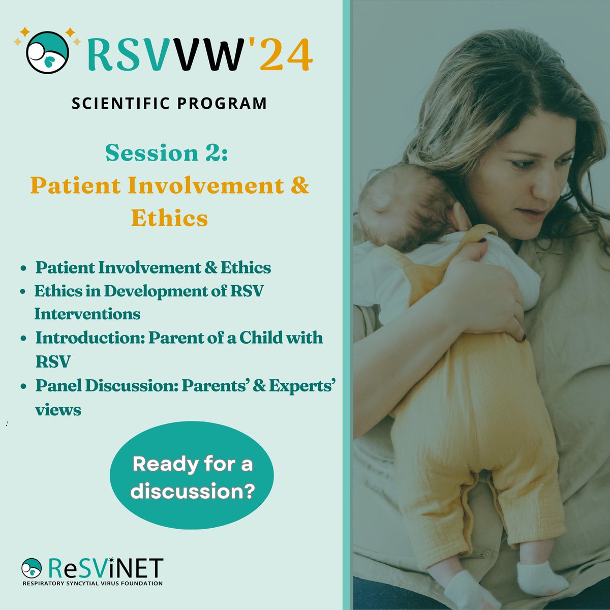 Session two is all about the focus of our @rsvpatients RSV Patient Network. We have one of our amazing parents speaking live: Rachael Thomas. Tune in to watch her speak on YouTube lnkd.in/ewpRjxtN. #RSV #ReSViNET #RSVVW24