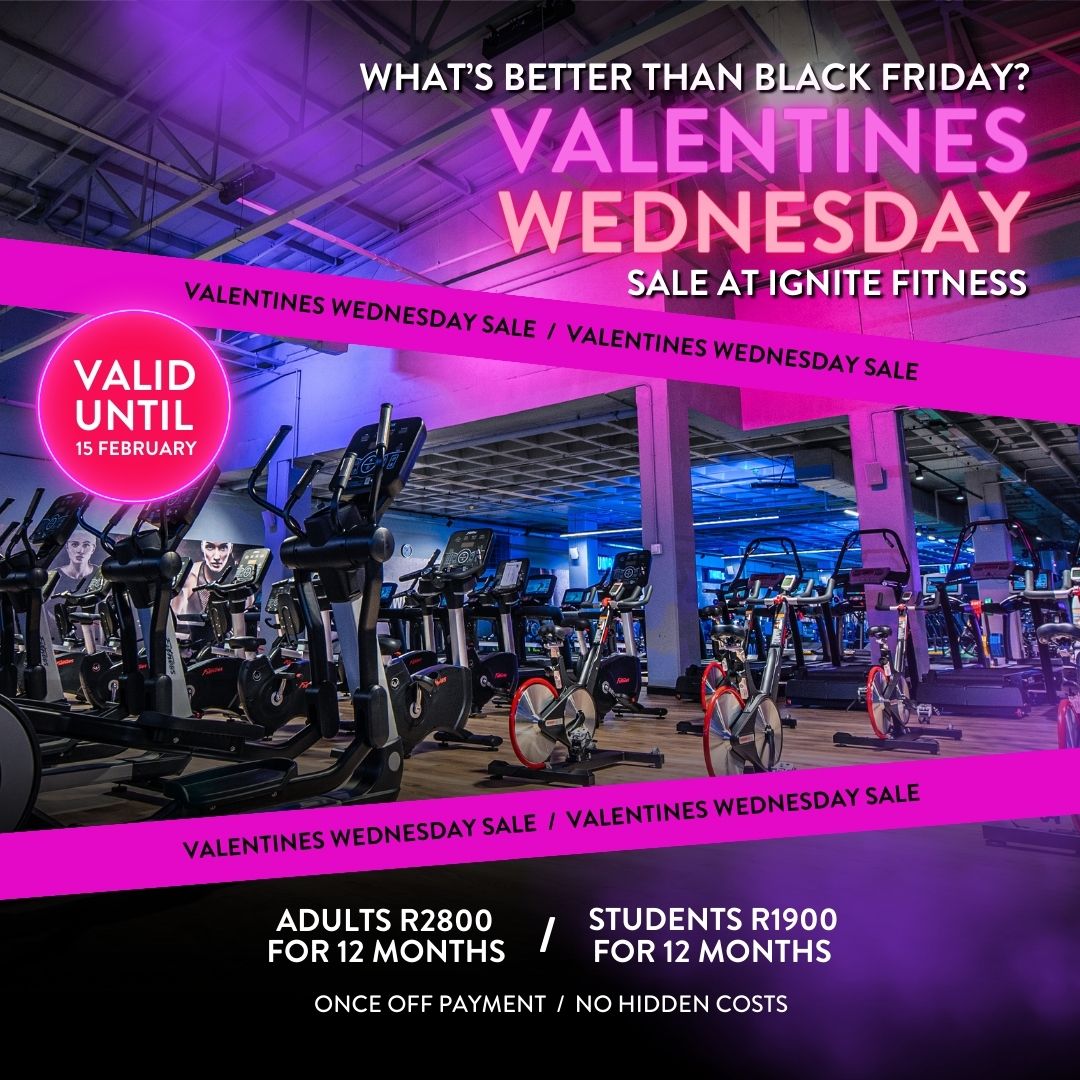 Love is in the air at Ignite Fitness!❤️ Don't miss our Valentine's Wednesday Sale! 
Cash in on exclusive deals and ignite your passion for fitness!
Hurry, this offer ends midnight 15 February 2024
JOIN TODAY! signup.ignitefitness.com/c/c/sign15