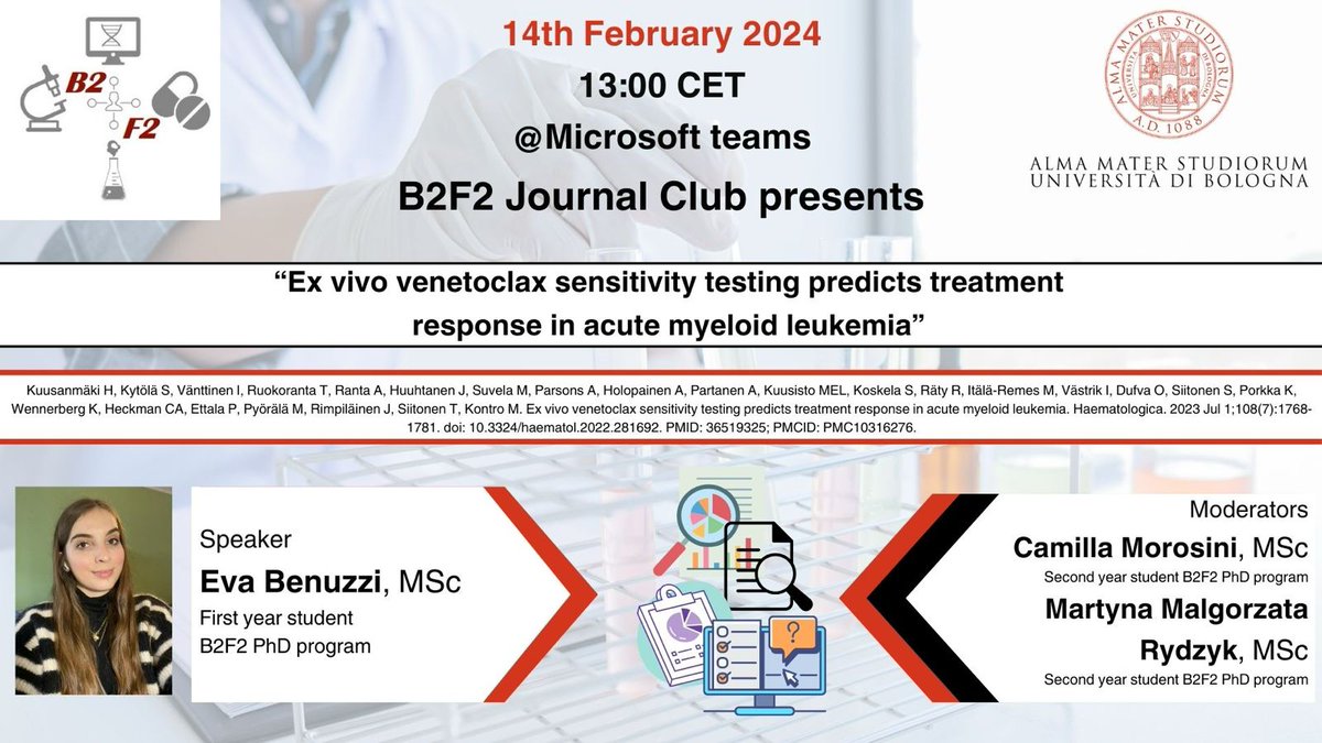 Don't miss the weekly appointment with #Journalclub2024. Today at 1pm, first-year PhD student Eva Benuzzi will present the paper 'Ex vivo venetoclax sensitivity testing predicts treatment response in acute myeloid leukemia'. You can check it at: doi.org/10.3324/haemat….