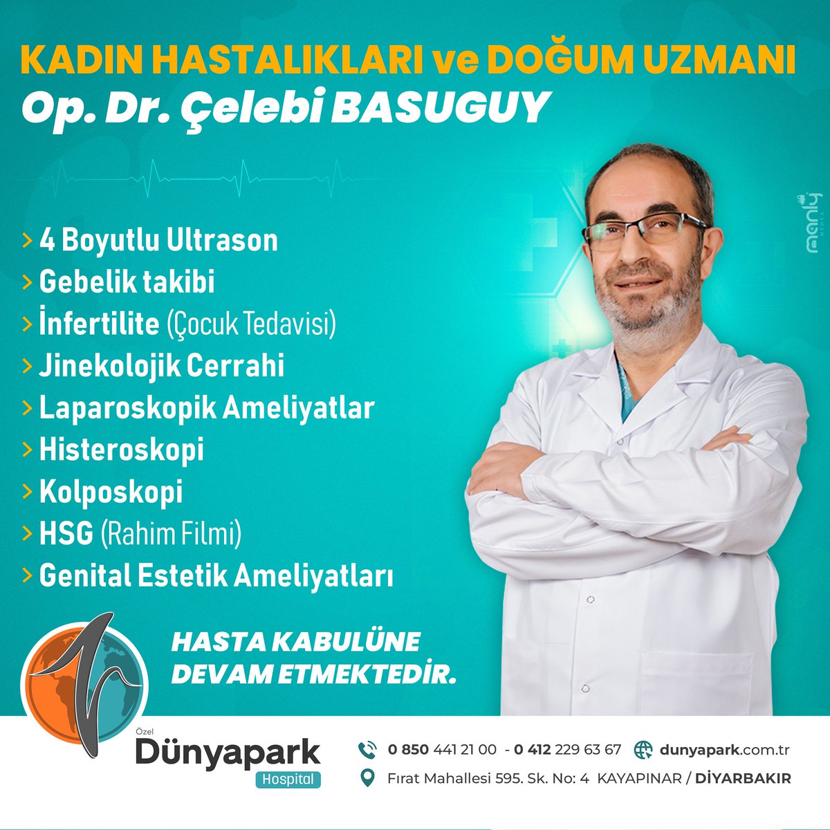 Kadın Hastalıkları ve Doğum Uzmanı Op.Dr. Çelebi BASUGUY Hasta Kabulüne Devam Etmektedir.

☎️ 0412 229 63 67
🏥 Fırat Mh. 595. Sk. No: 4 Kayapınar/Diyarbakır

#özel #dünyapark #hastane #hospital #Kadın #doğum  #acil #sağlık #hastalık #doktor #hizmet #hasta #ameliyat #Diyarbakır