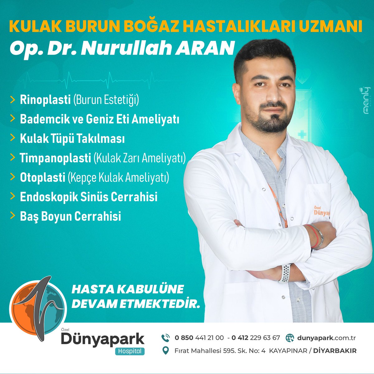 Kulak Burun Boğaz Hastalıkları Uzmanı Op.Dr. Nurullah ARAN Hasta Kabulüne Devam Etmektedir.

☎️ 0412 229 63 67
🏥 Fırat Mh. 595. Sk. No: 4 Kayapınar/Diyarbakır

#özel #dünyapark #hastane #hospital #Kadın #doğum  #acil #sağlık #hastalık #doktor #hizmet #hasta #ameliyat #Diyarbakır