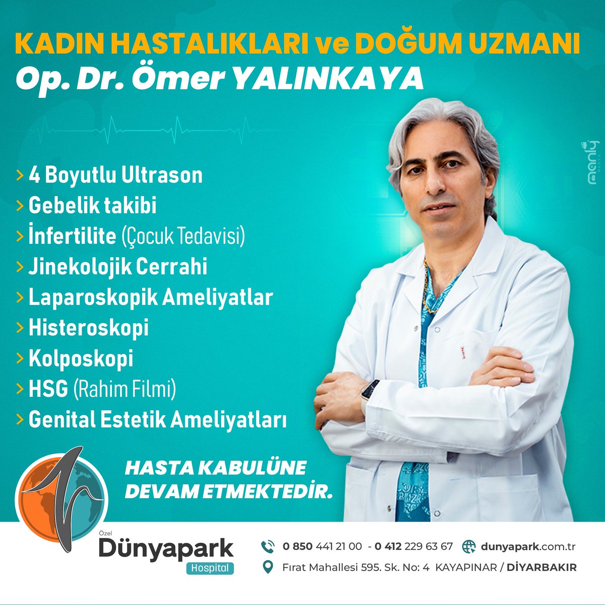 Kadın Hastalıkları ve Doğum Uzmanı Op.Dr. Ömer YALINKAYA Hasta Kabulüne Devam Etmektedir.

☎️ 0412 229 63 67
🏥 Fırat Mh. 595. Sk. No: 4 Kayapınar/Diyarbakır

#özel #dünyapark #hastane #hospital #Kadın #doğum  #acil #sağlık #hastalık #doktor #hizmet #hasta #ameliyat #Diyarbakır
