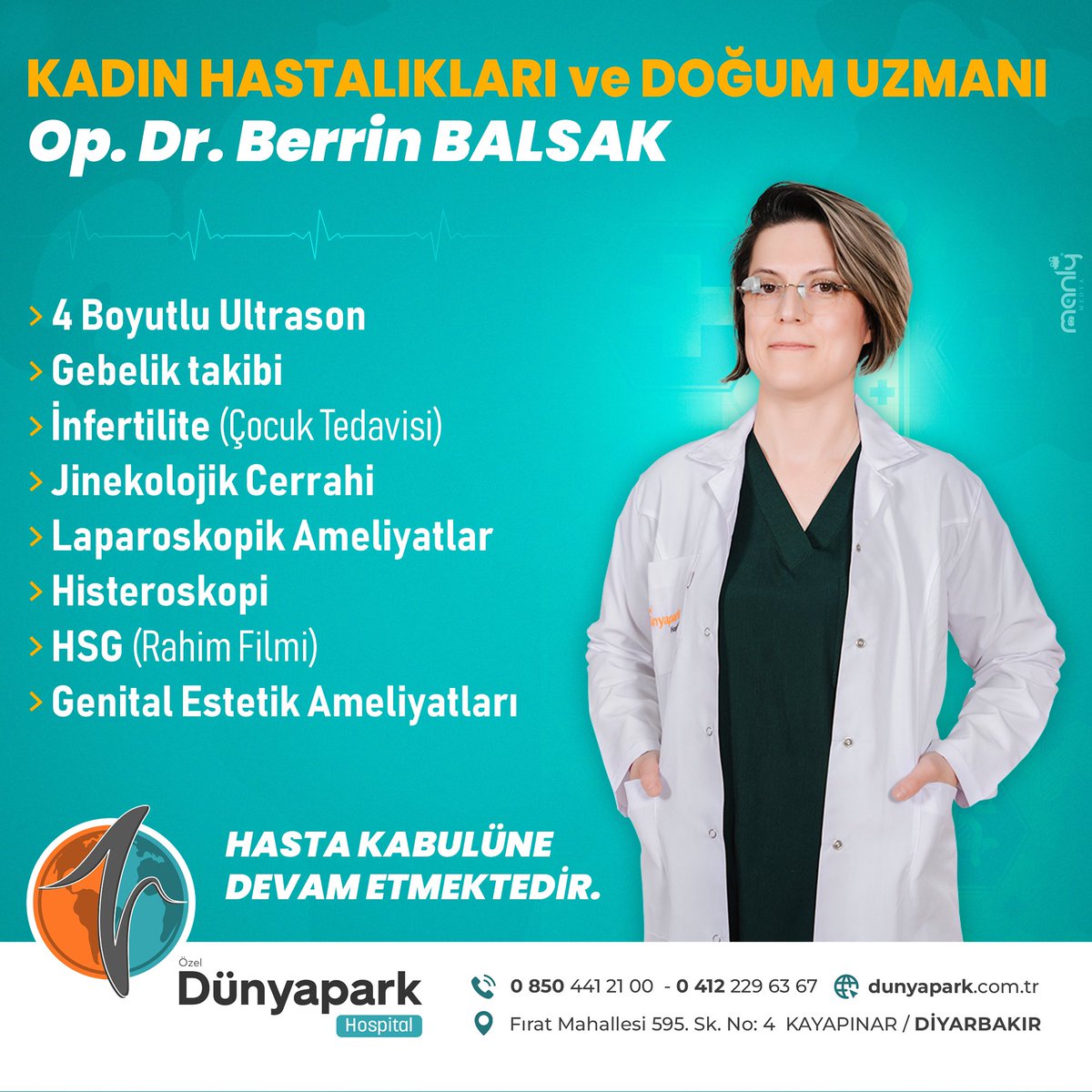 Kadın Hastalıkları ve Doğum Uzmanı Op.Dr. Berrin BALSAK Hasta Kabulüne Devam Etmektedir.

☎️ 0412 229 63 67
🏥 Fırat Mh. 595. Sk. No: 4 Kayapınar/Diyarbakır

#özel #dünyapark #hastane #hospital #Kadın #doğum  #acil #sağlık #hastalık #doktor #hizmet #hasta #ameliyat #Diyarbakır