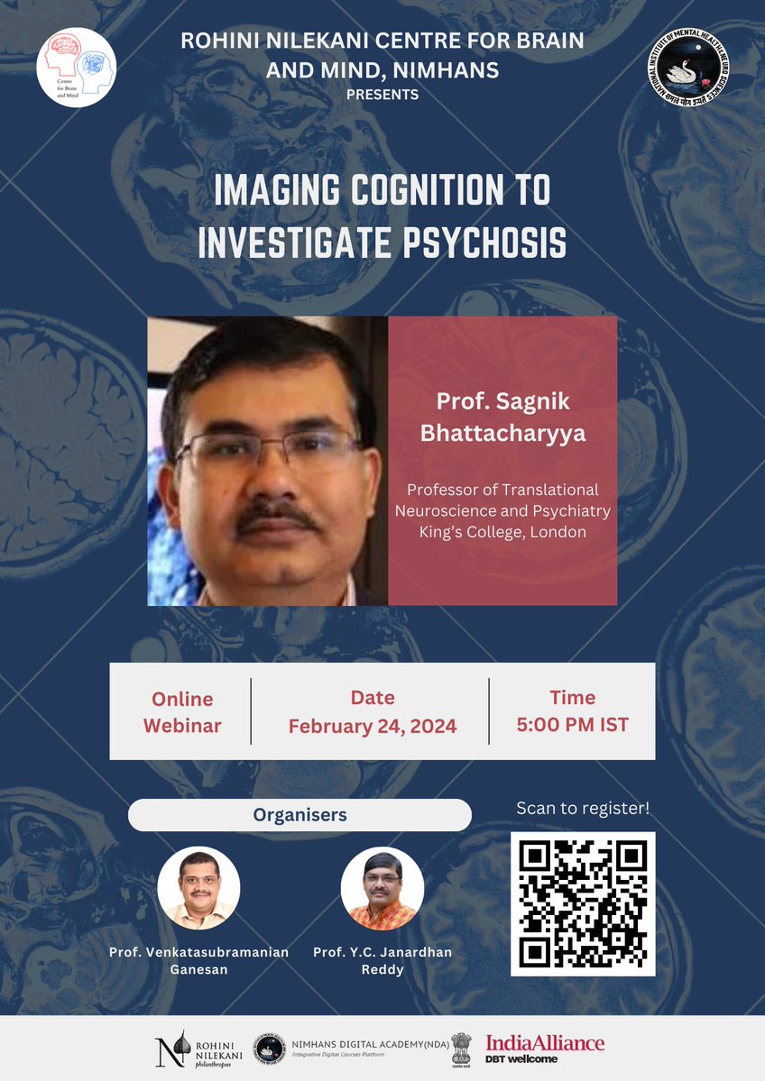 We are happy to announce another exciting webinar! In this edition, @docsagnik of @KingsCollegeLon joins us to talk on 'Imaging Cognition to Investigate Psychosis' Join us on 24th Feb at 5 PM IST Register here: forms.gle/Uj5dqHNg5hYzR3… #psychiatry #neuroscience @NIMHANS_BLR
