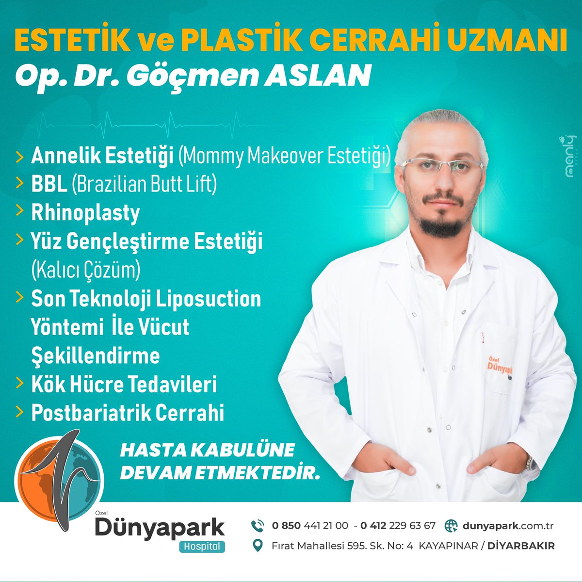 Estetik ve Plastik Cerrahi Uzmanı Op.Dr. Göçmen ASLAN Hasta Kabulüne Devam Etmektedir.

☎️ 0412 229 63 67
🏥 Fırat Mh. 595. Sk. No: 4 Kayapınar/Diyarbakır

#özel #dünyapark #hastane #hospital #Kadın #doğum  #acil #sağlık #hastalık #doktor #hizmet #hasta #ameliyat #Diyarbakır